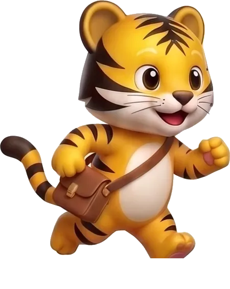 Mira the tiger, running with a satchel