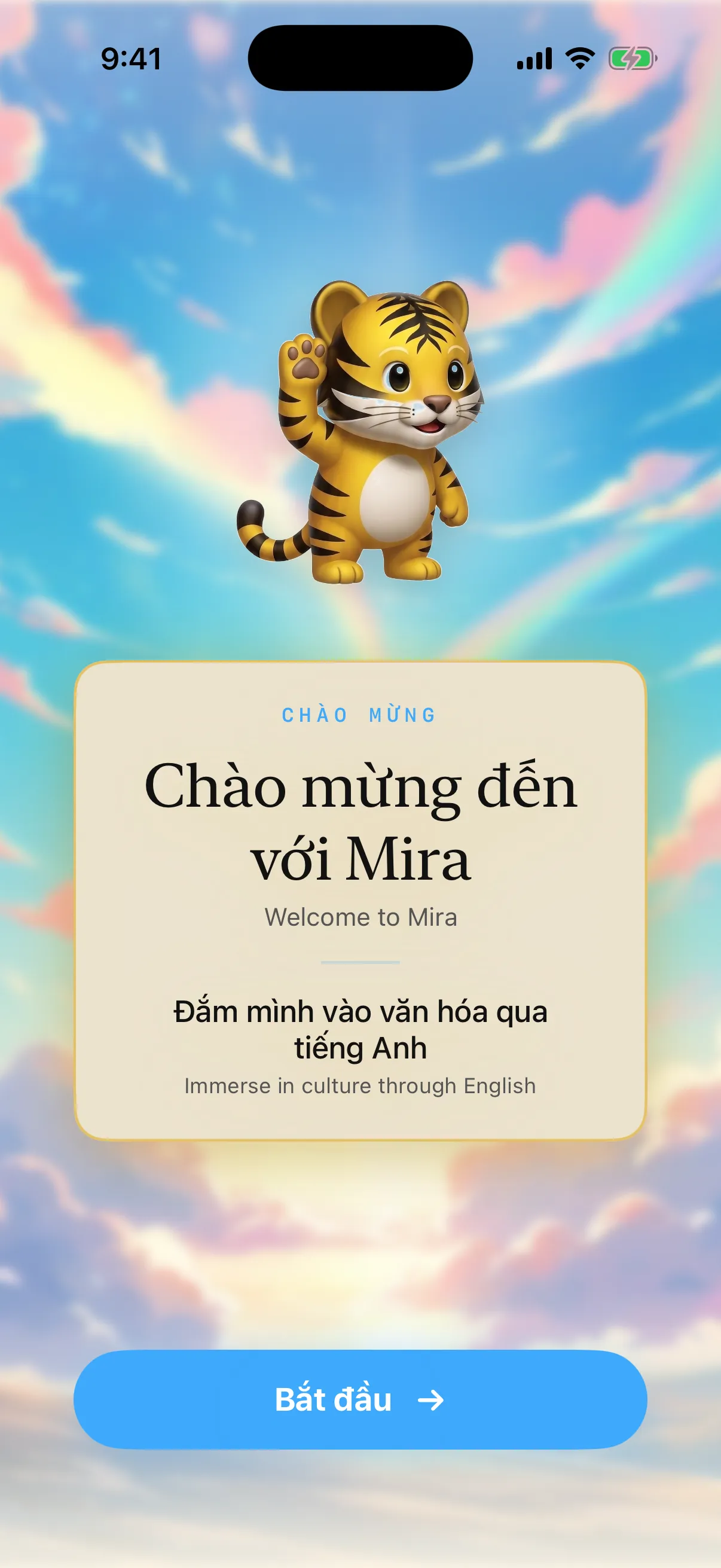 The Mira app welcome screen with the tiger mascot